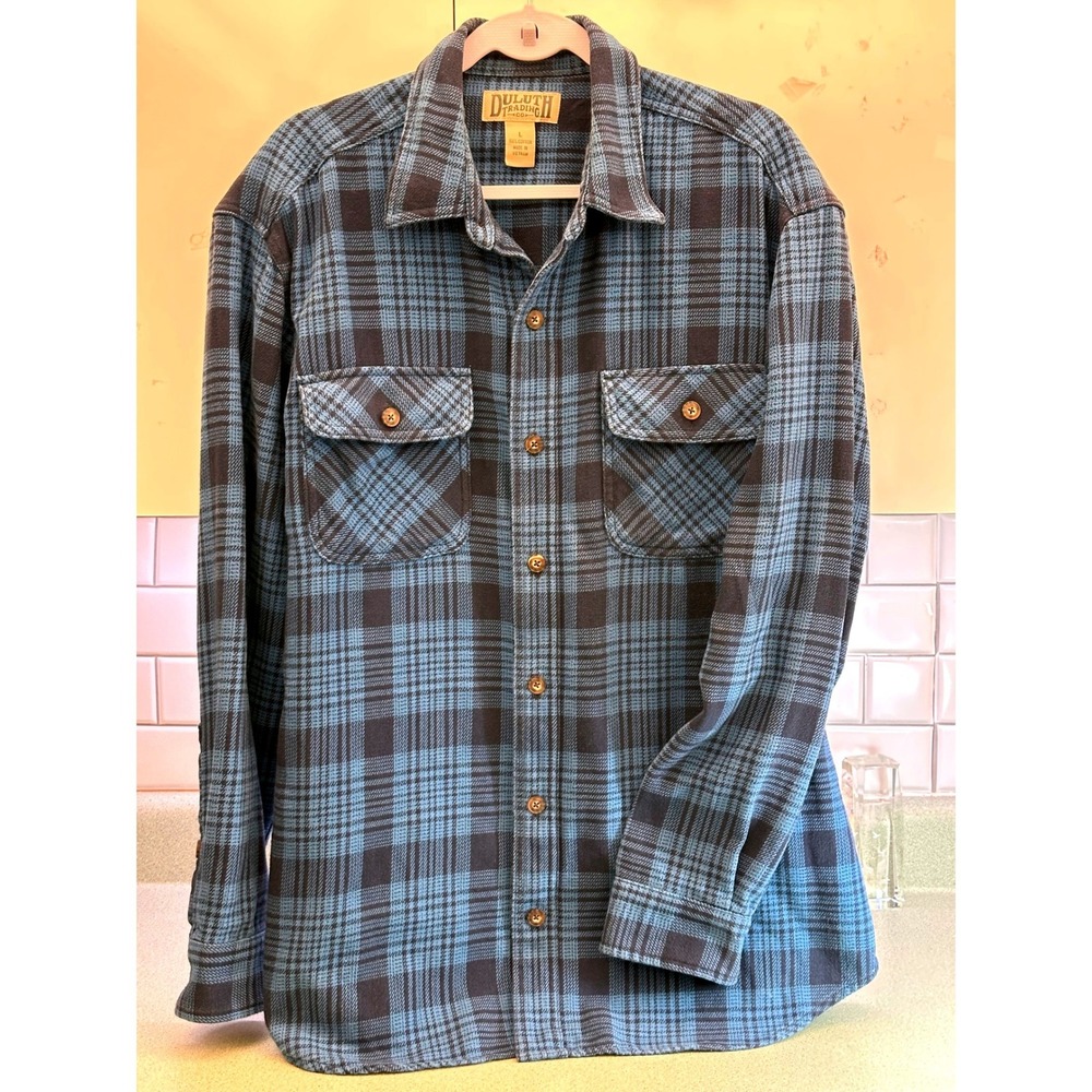 Duluth Trading Co Mens Blue Black Plaid Flannel Shirt Large 3237-30 Cotton